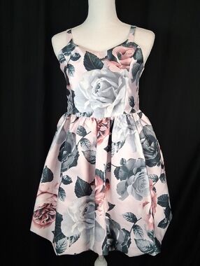 Teens 16 Girls Pink Rose-Print Sleeveless Party Prom Dress